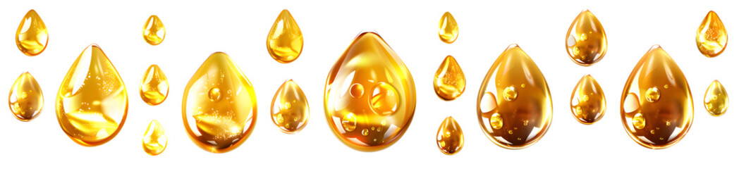 Collection of golden oil droplets with a shiny texture, isolated on white background 