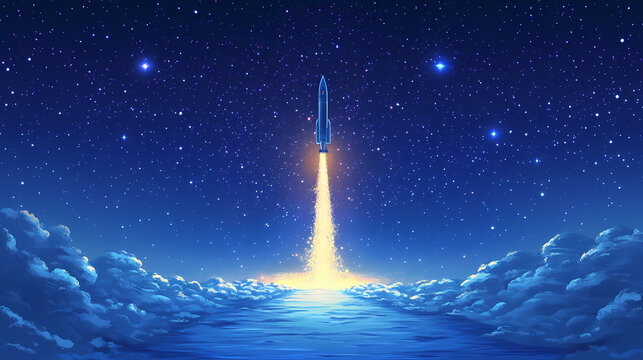 Rocket design in starlight vector art featuring a rocket ascending moonbeams in space travel. Moonbeam. Illustration