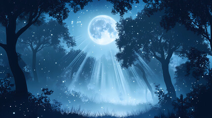 Naklejka premium Silvery light dances through the forest canopy, moonbeams, lunar radiance, soft glow. Moonbeam. Illustration