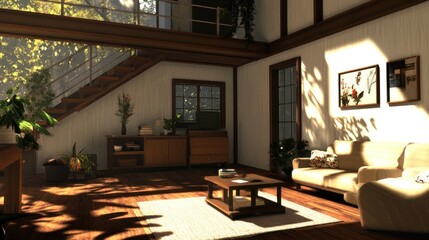 Fototapeta premium Sunlit minimalist living room with wooden floors, stairs, and plants.