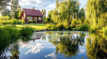 Obraz premium Tranquil Countryside Scene with House and Reflecting Pond