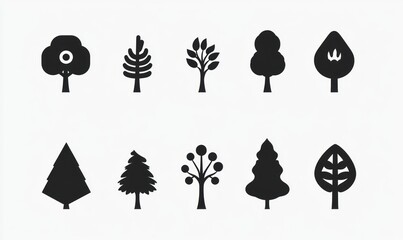 Ten minimalist black tree icons on white.