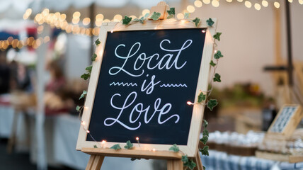 A beautifully crafted sign reads 'Local is Love,' adorned with ivy and warm lights, creating a cozy atmosphere at a bustling market.