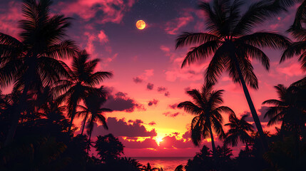 Obraz premium Stunning red pink sunset to starry night timelapse, tropical cloudscape, milky way, full moon rays. Moonbeam. Illustration