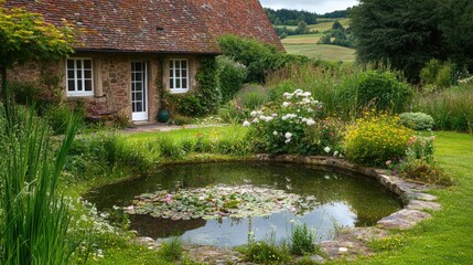 Obraz premium Serene Cottage Garden with Pond and Lush Greenery in Landscape
