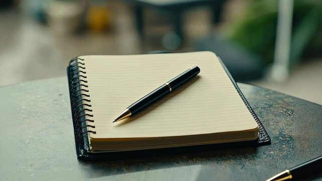 Blank notebook and pen on wooden table for creative writing ideas