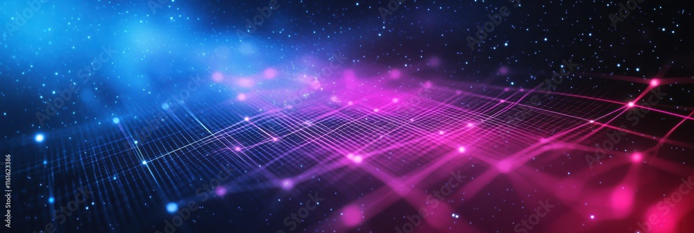 Poster retro 1990s grid pattern with vibrant colors featuring purple and blue elements in a digital landsca