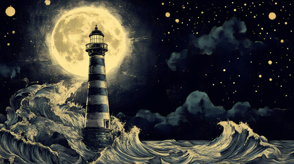 The moonbeam lighthouse guides cosmic sailors through celestial waters. Moonbeam. Illustration