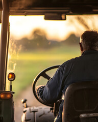 Farmer Driving Tractor at Sunset