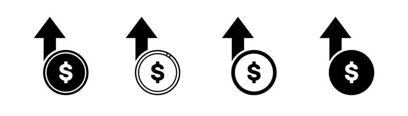 Set of money increases icon vector. dollar rate increase icon. Money symbol with stretching arrow up. rising prices.