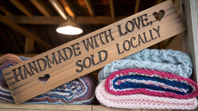 A handcrafted wooden sign reading 'Handmade with Love, Sold Locally' above colorful knitted blankets, evoking warmth and community spirit.