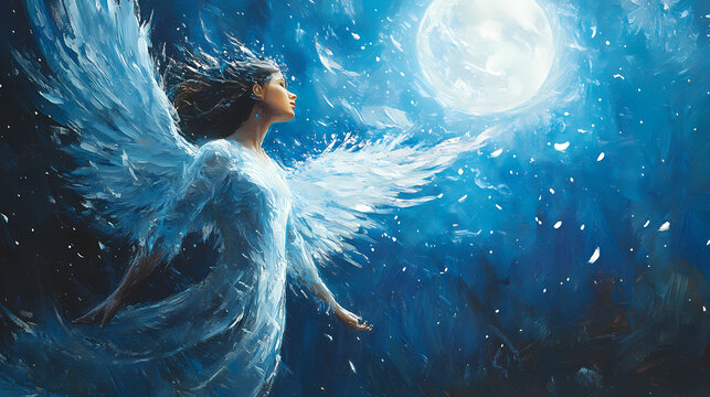 Woman wings inspiring interconnected human brunet gentle snow having six blue wall painted moonbeams. Moonbeam. Illustration