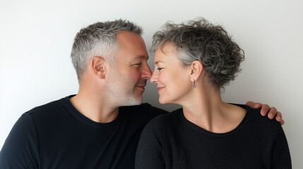 Obraz premium A couple sits closely together, smiling as they lean their foreheads against each other. The warm connection and affection are evident in their expressions, highlighting a moment of intimacy
