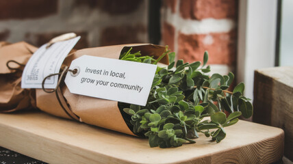 A beautifully wrapped plant with a message urging viewers to invest in local resources and grow community connections.