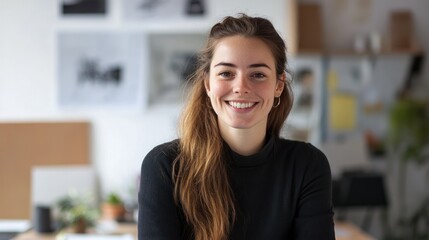 Portrait of a confident female designer smiling in a professional office environment, exuding creativity