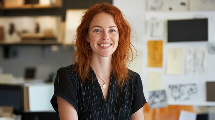 Portrait of a confident female designer smiling in a professional office environment, exuding creativity