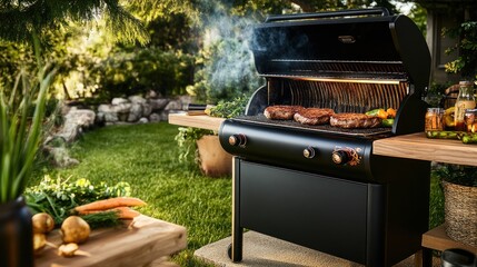 A barbecue grill with sizzling steaks, vegetables, and smoke wafting in a summer backyard setting 