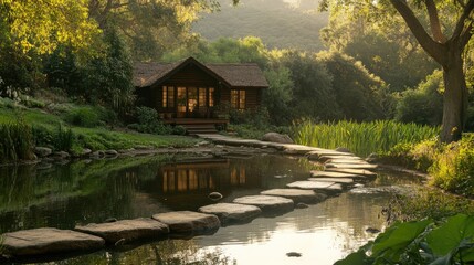 Obraz premium Cozy Cabin by Serene Pond Surrounded by Lush Greenery in Nature
