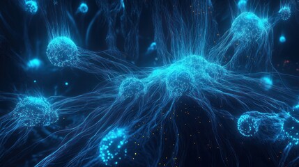 Fototapeta premium Sci-fi virtual network in electric blue with glowing nodes.