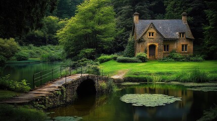 Obraz premium Charming Cottage by Serene Lake Surrounded by Lush Greenery