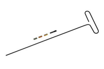 A T-handle hex key wrench with four colored threaded inserts and a black threaded insert, isolated...