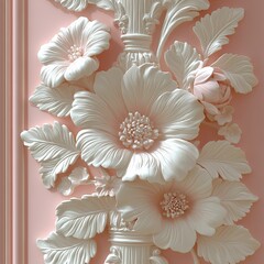 Intricate white floral relief against a soft pink background, showcasing elegant craftsmanship and a delicate touch.