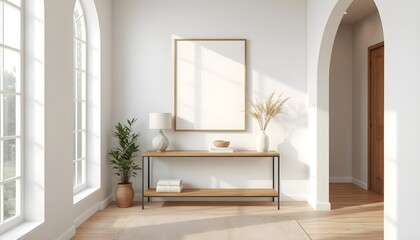 minimalist hallway with frame mockup, textured wall, narrow console table, ceramic vase, subtle lighting, muted colors, woven runner rug, sleek and modern entryway