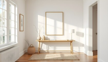 minimalist hallway with frame mockup, textured wall, narrow console table, ceramic vase, subtle lighting, muted colors, woven runner rug, sleek and modern entryway