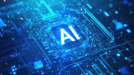 Blue background with the word "AI" in glowing letters surrounded by circuit patterns and futuristic elements, representing an artificial intelligence technology ,generative ai