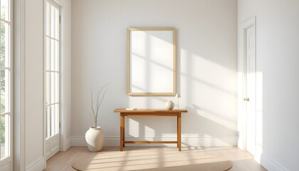 minimalist hallway with frame mockup, textured wall, narrow console table, ceramic vase, subtle lighting, muted colors, woven runner rug, sleek and modern entryway