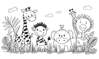 Cute cartoon safari animals in black and white.