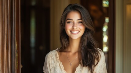 Stylish brunette woman smiling in a doorway, showcasing elegance and confidence in a classic setting