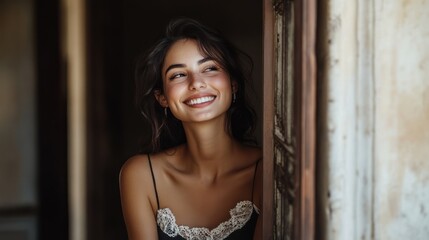 Fototapeta premium Stylish brunette woman smiling in a doorway, showcasing elegance and confidence in a classic setting