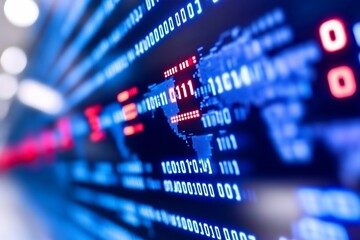 Digital data visualization with world map and binary code elements.