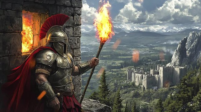 Soldier holding a fire torch standing on a castle wall under a dramatic sky.
Seamless looping 4k time-lapse virtual video animation Generated AI