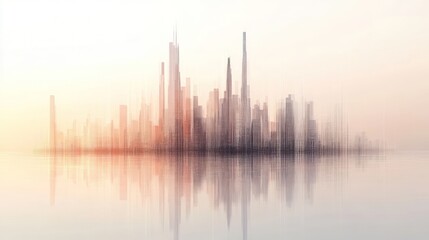 Fototapeta premium Blurred cityscape reflecting on calm water at sunrise.