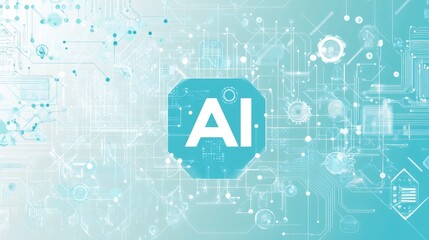 light blue background with the text "AI" in glowing white, surrounded by circuit patterns and technology symbols. generative ai