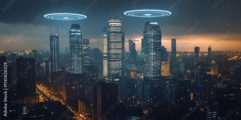 Poster futuristic alien spaceships hovering over illuminated cityscape at night
