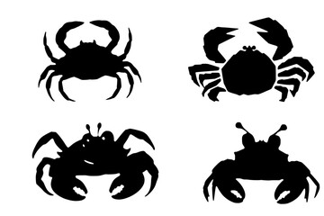 A bold silhouette of crabs, showcasing their distinctive claws and legs, set against a contrasting white background. collection, fresh crab, abstract crab, fresh seafood, hermit crab,