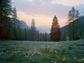 A serene mountain landscape at sunset, with lush greenery and wildflowers in bloom.