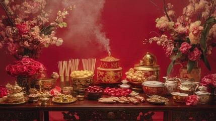Fototapeta premium Traditional Chinese Festival Table Setting with Flowers and Food