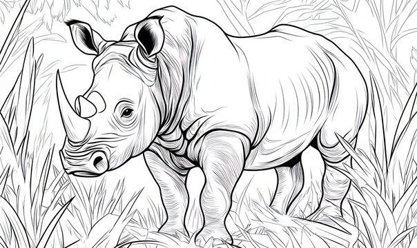 Line art drawing of a rhinoceros in tall grass.