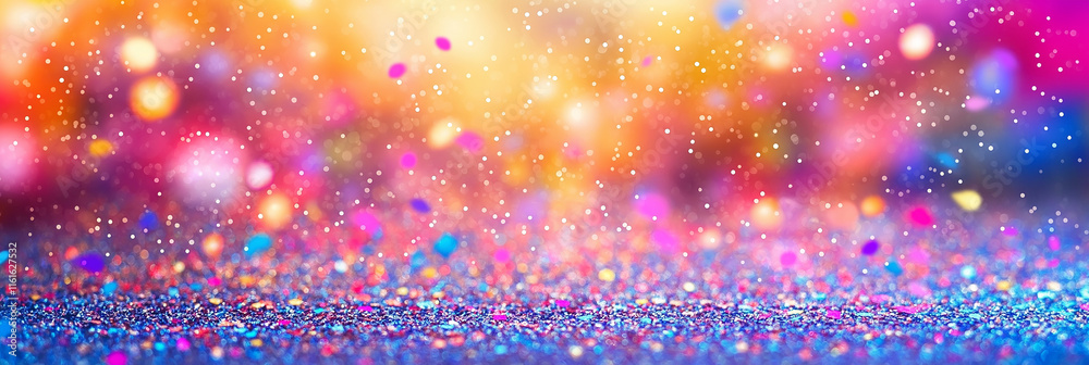 Poster colorful glittering background with falling confetti and bokeh lights