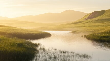 Fototapeta premium Tranquil Landscape with Stream and Lush Green Hills at Sunrise