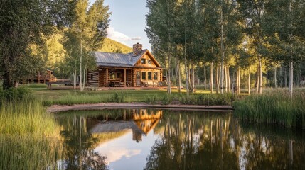 Serene Log Cabin on a Tranquil Lake Surrounded by Tall Trees