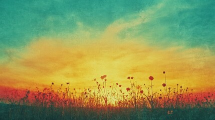 Retro risograph inspired sunset over a vibrant flower field in warmer hues with silhouetted blossoms at dusk. Generative AI