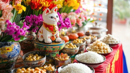 Colorful Celebration with Maneki Neko and Floral Arrangement