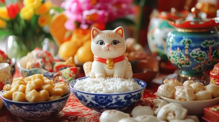 Cat Figurine Surrounded by Traditional Asian Cuisine and Decor