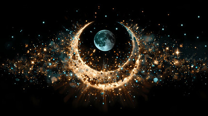 Illuminated moon phases overlaid with a sparkling starry night in double exposure, a mystical representation of lunar and cosmic harmony. Moonbeam. Illustration