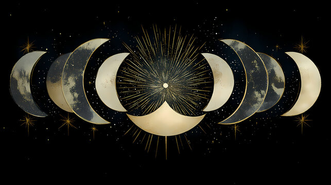 Illuminated moon phases overlaid with a sparkling starry night in double exposure, a mystical representation of lunar and cosmic harmony. Moonbeam. Illustration